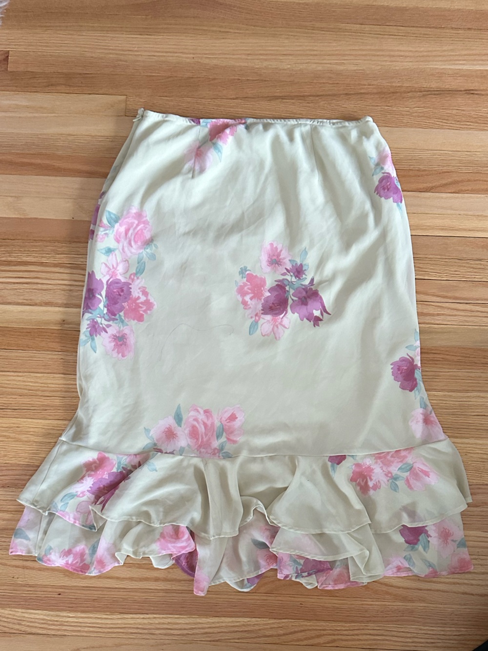 wild fable Pink Floral Ruffle-Hem Skirt in Butter Yellow